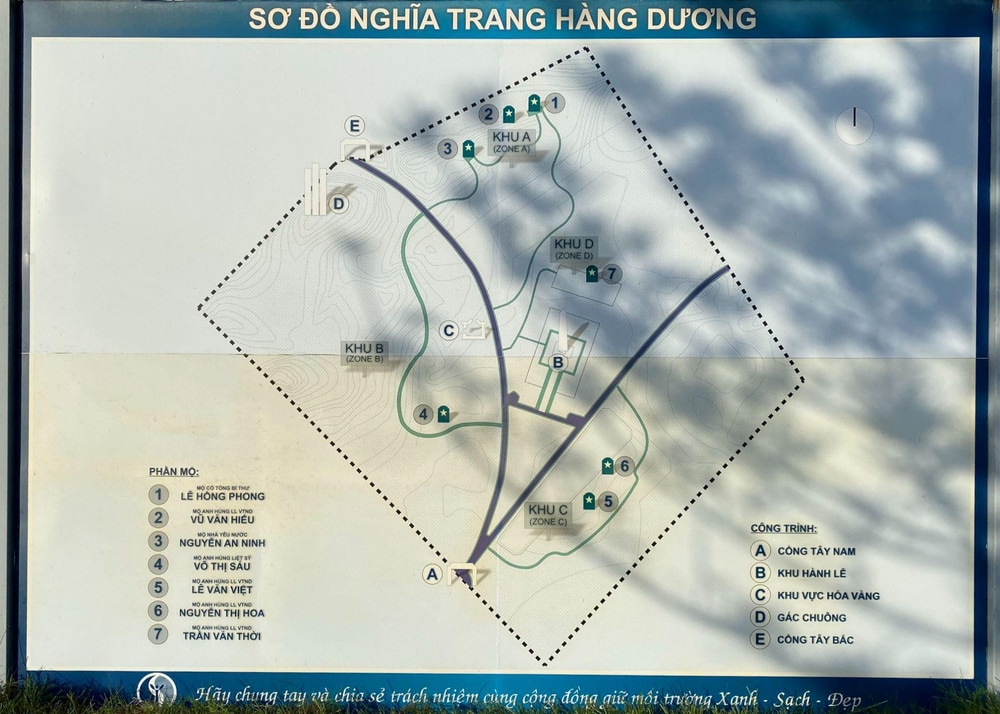 Sơ đồ nghĩa trang Hàng Dương - Mộ của cô Võ Thị Sáu tọa lạc tại khu B